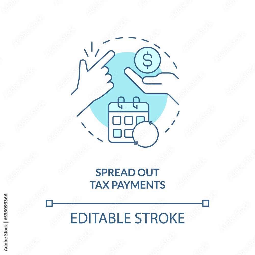 Spread out tax payments turquoise concept icon. Managing small business finance guide abstract idea thin line illustration. Isolated outline drawing. Editable stroke. Arial, Myriad Pro-Bold fonts used