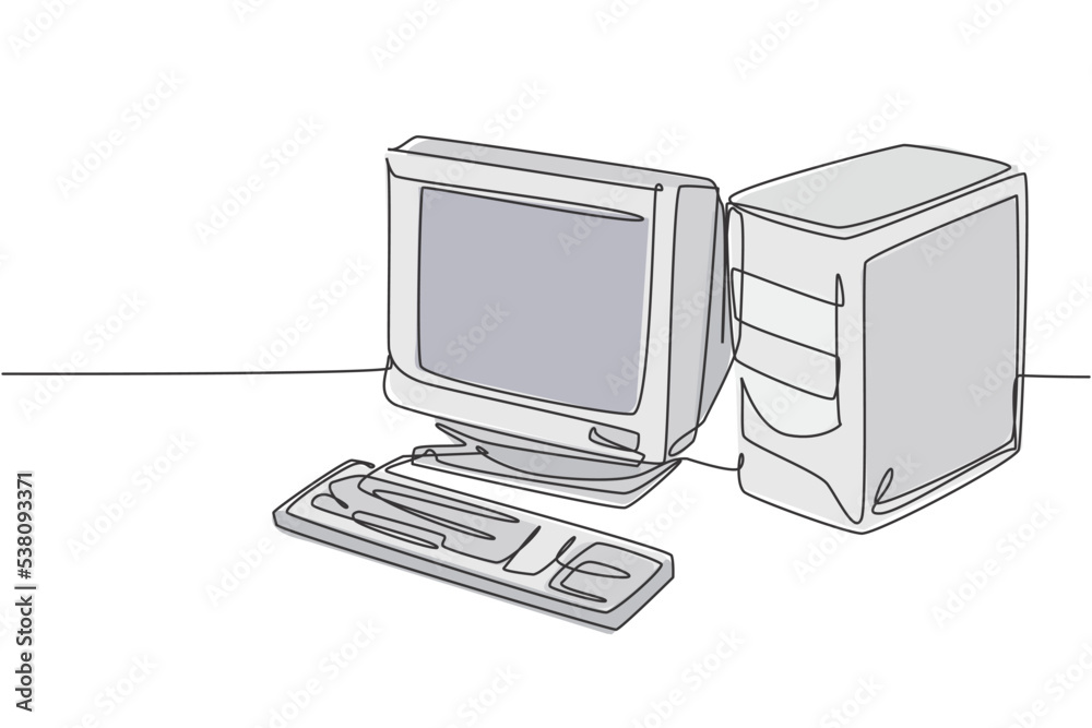 Single continuous line drawing of of retro old classic personal computer processor unit. Vintage cpu with analog monitor and keyboard item concept one line draw design vector illustration graphic Single continuous line drawing of of retro old classic personal computer processor unit. Vintage cpu with analog monitor and keyboard item concept one line draw design vector illustration graphic