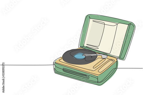 One single line drawing of retro old classic portable music turntable vinyl disc jockey. Vintage analog audio player item concept continuous line graphic draw design vector illustration