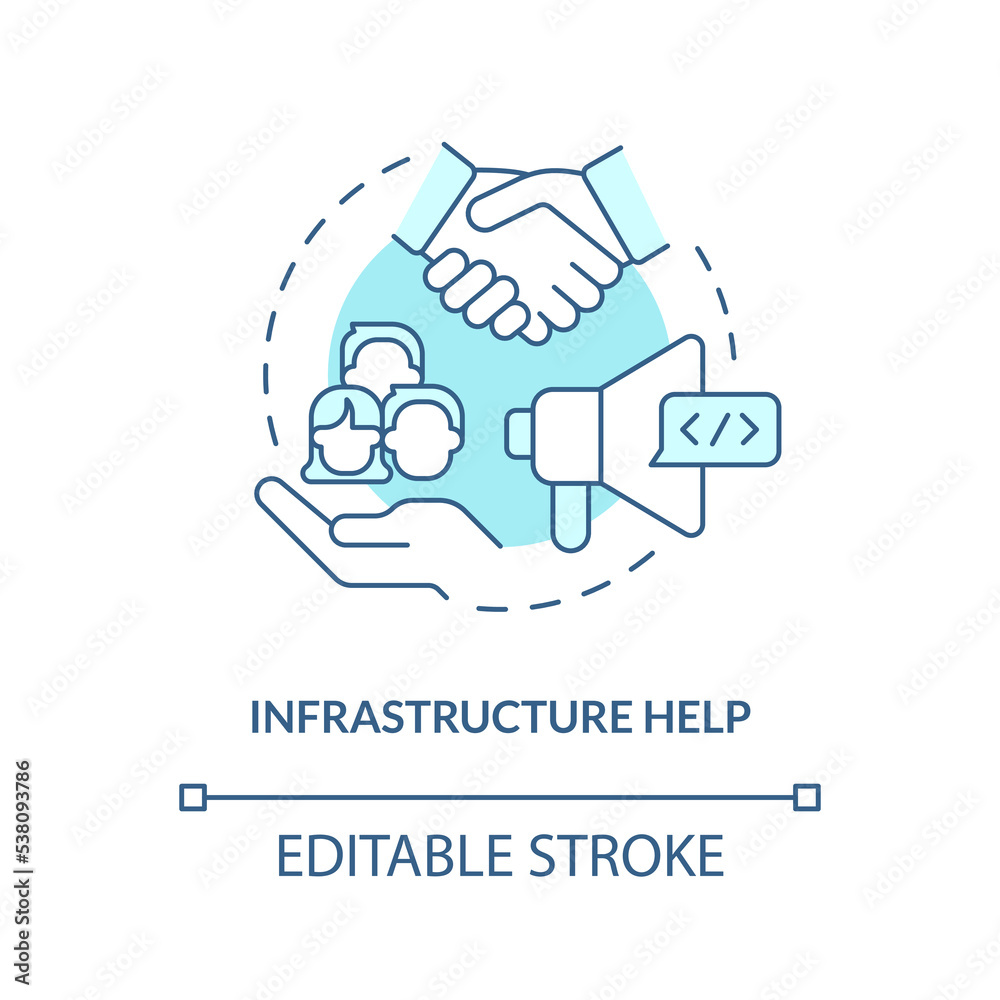 Infrastructure help turquoise concept icon. Workforce. Benefit of alternative lending abstract idea thin line illustration. Isolated outline drawing. Editable stroke. Arial, Myriad Pro-Bold fonts used