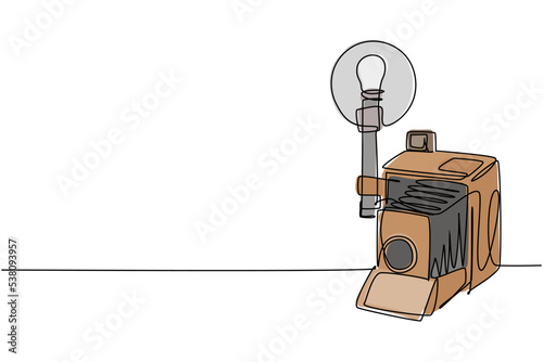 Single continuous line drawing of old retro analog camera medium format with blitz flash light. Vintage photography equipment concept one line draw design vector graphic illustration