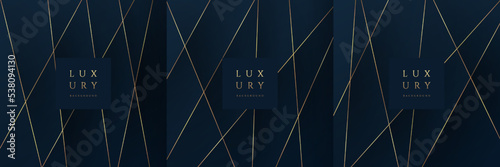 Set of glowing golden lines stripes overlapping on dark blue background. Collection of luxury and elegant geometric pattern with copy space. Vector design for cover template, poster, banner, print ad.