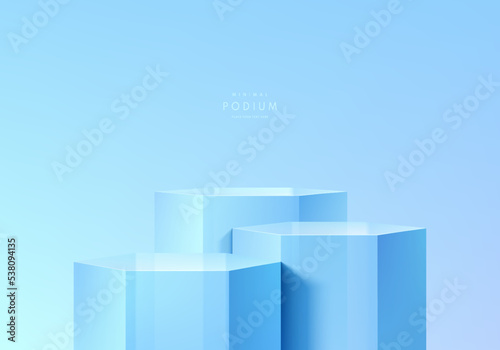 Realistic 3D blue glass cube hexagon stand or podium set in clean wall background. Pastel minimal scene for mockup products stage showcase, Promotion display. Vector abstract geometric forms design.