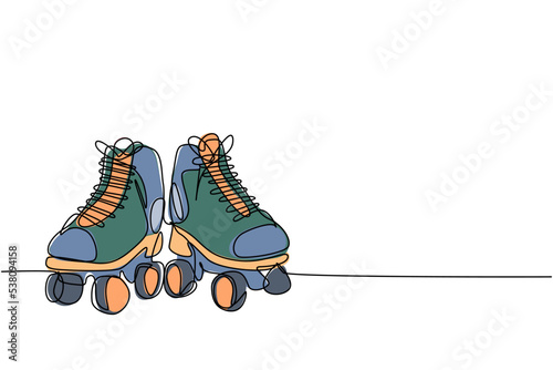 Single continuous line drawing pair of old retro plastic quad roller skate shoes. Vintage classic extreme sport concept one line draw design vector illustration graphic