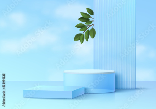Realistic 3D blue glass round stand podium set with partition, green leaf and sky background. Minimal wall scene mockup products stage for showcase, Promotion display. Vector abstract geometric forms.