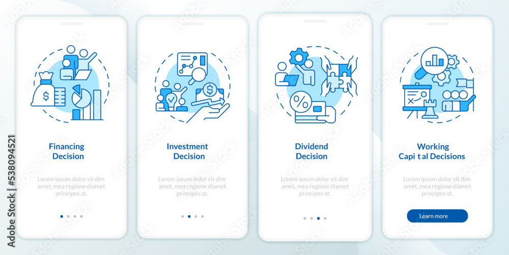Types of financial decisions blue onboarding mobile app screen. Walkthrough 4 steps editable graphic instructions with linear concepts. UI, UX, GUI template. Myriad Pro-Bold, Regular fonts used