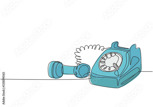 One continuous line drawing of old vintage antique analog desk telephone to communicate. Retro classic telecommunication device concept single line draw design graphic vector illustration