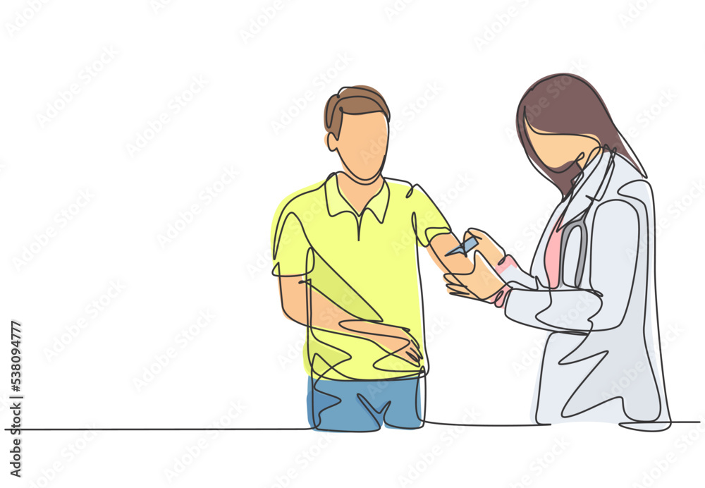 Single continuous line drawing of young female doctor giving vaccine injection to cure sick male patient at hospital. Medical health care treatment concept one line draw design vector illustration Single continuous line drawing of young female doctor giving vaccine injection to cure sick male patient at hospital. Medical health care treatment concept one line draw design vector illustration