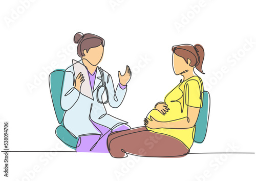 One single line drawing of female obstetrics and gynecology doctor giving consultation session to the pregnant patient. Pregnancy health care concept continuous line draw design vector illustration
