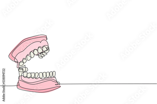 One continuous line drawing of anatomical complete adult human teeth. Modern medical internal anatomy concept single line draw design graphic vector illustration
