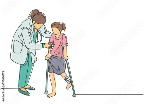 One continuous line drawing of female pediatric doctor doing therapy by helping young girl patient to get walk using crutch. Medical health care concept single line draw design vector illustration