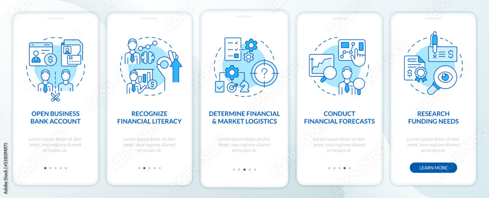 Financial management for startup blue onboarding mobile app screen. Walkthrough 5 steps editable graphic instructions with linear concepts. UI, UX, GUI template. Myriad Pro-Bold, Regular fonts used