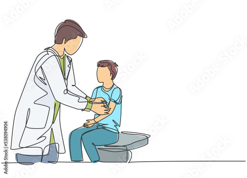 One single line drawing of male doctor giving medical aid treatment by attaching a bandage to injured little boy patient. Medical treatment concept continuous line draw design vector illustration