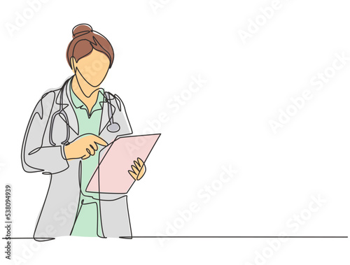 One single line drawing of young female doctor reading patient medical record on clipboard while stand at hospital hallway. Medical health care concept continuous line draw design vector illustration