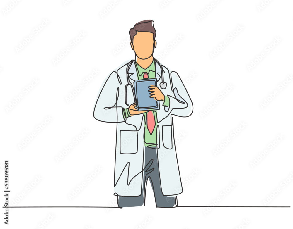Single continuous line drawing of young smart male doctor showing award about innovation technology to cure patient. Medical invention achievement concept one line draw design vector illustration