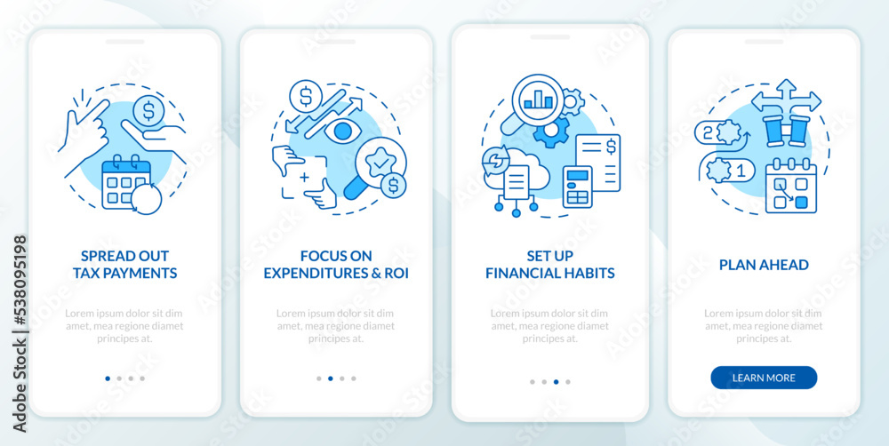 Small business finance management blue onboarding mobile app screen. Walkthrough 4 steps editable graphic instructions with linear concepts. UI, UX, GUI template. Myriad Pro-Bold, Regular fonts used