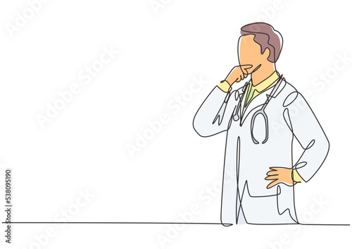 Single continuous line drawing of young smart male doctor pensive and thinking new solution to cure covid coronavirus sick patient. Medical innovation concept one line draw design vector illustration