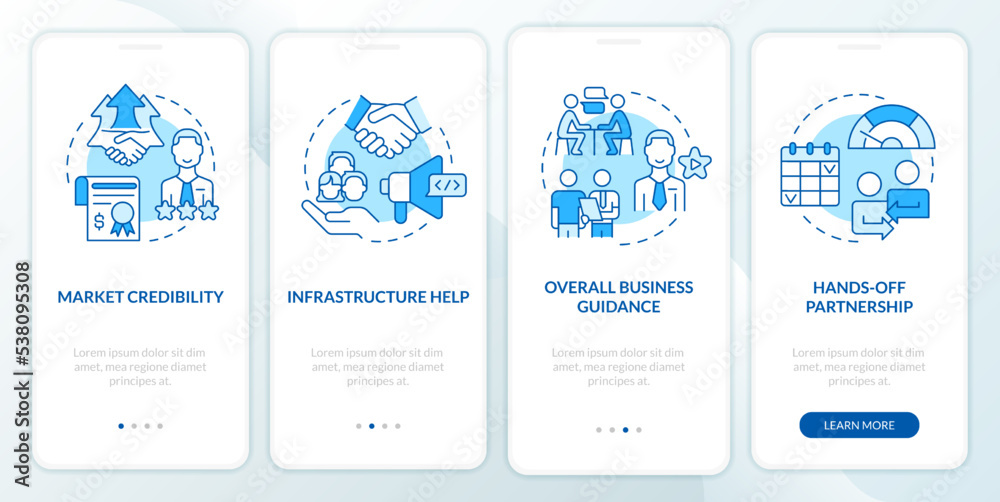 Benefits of alternative lending blue onboarding mobile app screen. Walkthrough 4 steps editable graphic instructions with linear concepts. UI, UX, GUI template. Myriad Pro-Bold, Regular fonts used Benefits of alternative lending blue onboarding mobile app screen. Walkthrough 4 steps editable graphic instructions with linear concepts. UI, UX, GUI template. Myriad Pro-Bold, Regular fonts used