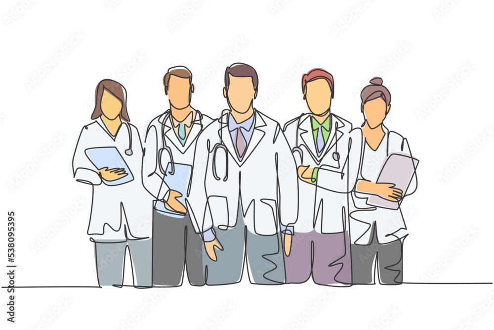 Single continuous single line drawing group of talented male and female doctors standing and posing together at hospital. Medical health care treatment concept one line draw design vector illustration Single continuous single line drawing group of talented male and female doctors standing and posing together at hospital. Medical health care treatment concept one line draw design vector illustration