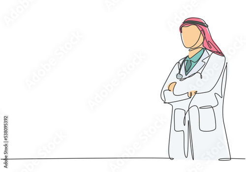 One single line drawing of young muslim Arabian doctor pose standing and put the hands cross in front of his chest. Medical health care service concept continuous line draw design vector illustration