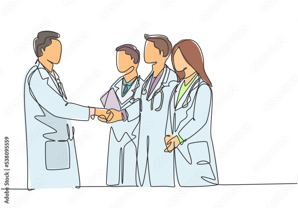 One continuous single line drawing of hospital head giving congratulate handshake to group of doctors for the achievements. Medical award concept single line draw graphic design vector illustration One continuous single line drawing of hospital head giving congratulate handshake to group of doctors for the achievements. Medical award concept single line draw graphic design vector illustration