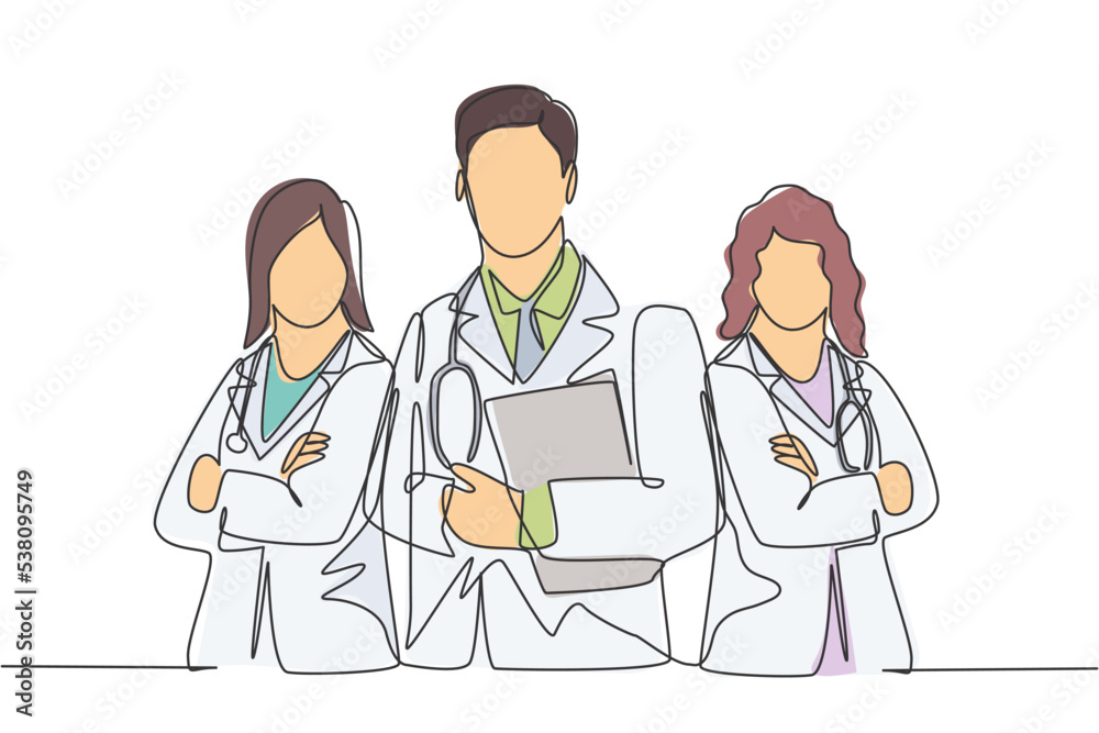 One continuous single line drawing group of young male and female doctors pose standing together while holding medical report. Teamwork medical concept single line draw design vector illustration One continuous single line drawing group of young male and female doctors pose standing together while holding medical report. Teamwork medical concept single line draw design vector illustration