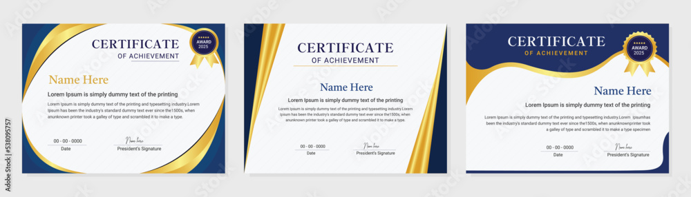 Blue and gold certificate of achievement template set with gold badge ...