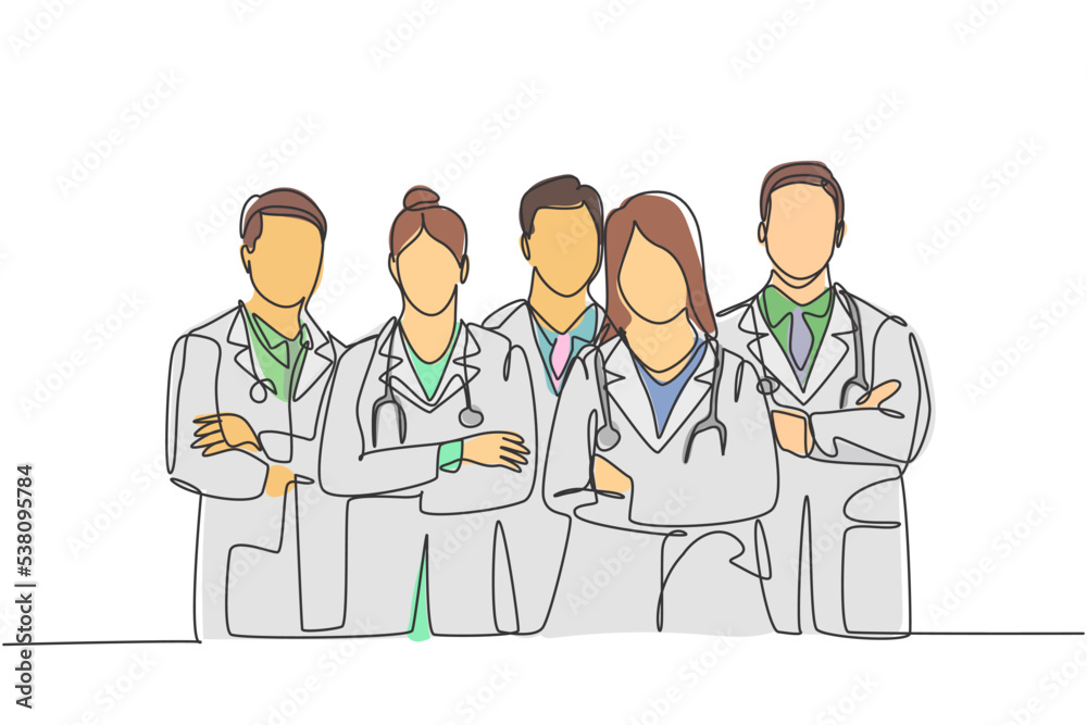 Single continuous single line drawing of young male and female doctors standing and posing together while crossing hand on chest. Medical teamwork concept one line draw design vector illustration Single continuous single line drawing of young male and female doctors standing and posing together while crossing hand on chest. Medical teamwork concept one line draw design vector illustration