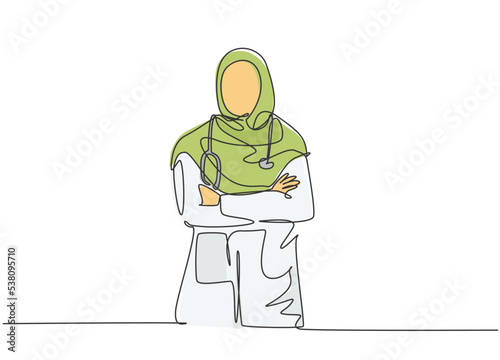 One single line drawing of young muslimah Arabian doctor pose standing and put the hand cross in front of her chest. Medical health care service concept continuous line draw design vector illustration