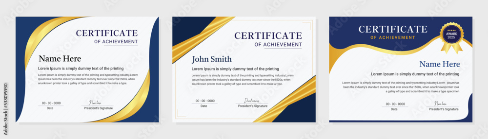 Blue and gold certificate of achievement template set with gold badge ...
