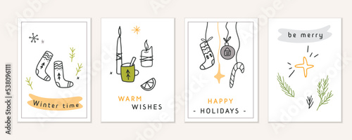 Collection of cosy Christmas winter holidays greeting cards design. Merry Christmas and happy New Year doodle style Scandinavian poster, invitation, postcard, gift tag with text. 