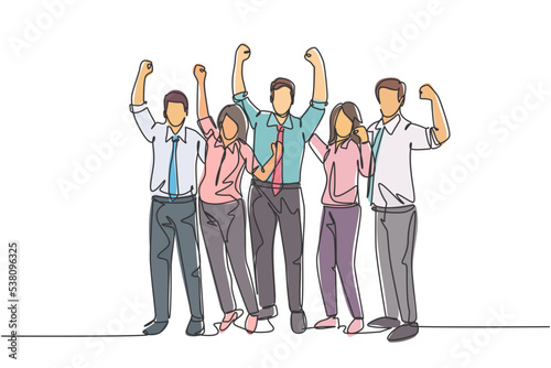 One single line drawing group of young happy male and female workers jumping in the office room together. Business teamwork celebration concept continuous line draw design vector illustration graphic