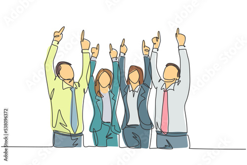 One single line drawing group of young happy male and female workers pointing and raise finger to the sky. Business teamwork celebration concept continuous line draw design vector graphic illustration