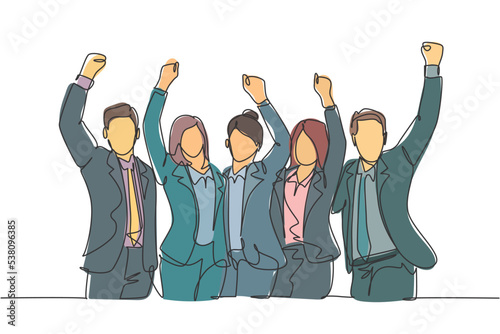 One continuous line drawing of young happy male and female managers raise their hands up to the sky together. Business teamwork celebration concept single line draw design graphic vector illustration