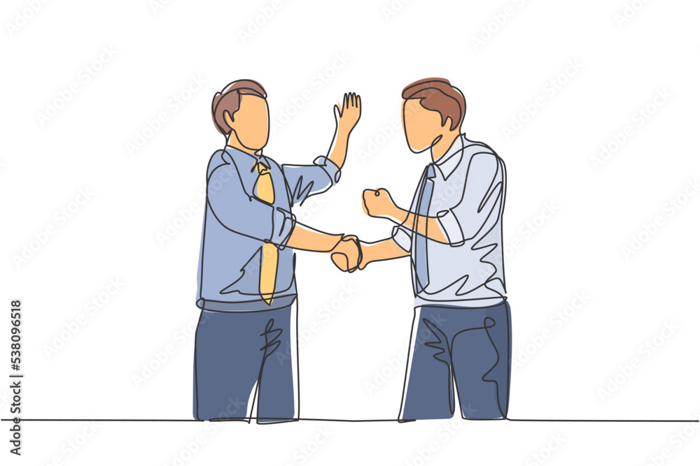One single line drawing of two young happy businessmen colleagues shaking their hands to deal teamwork. Business agreement celebration concept continuous line graphic draw design vector illustration One single line drawing of two young happy businessmen colleagues shaking their hands to deal teamwork. Business agreement celebration concept continuous line graphic draw design vector illustration
