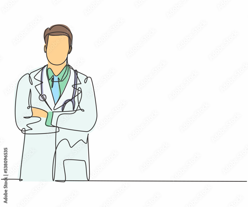Single continuous line drawing of young happy male doctor pose standing manly cross his hand on chest. Medical health care service workers concept one line draw design vector graphic illustration Single continuous line drawing of young happy male doctor pose standing manly cross his hand on chest. Medical health care service workers concept one line draw design vector graphic illustration