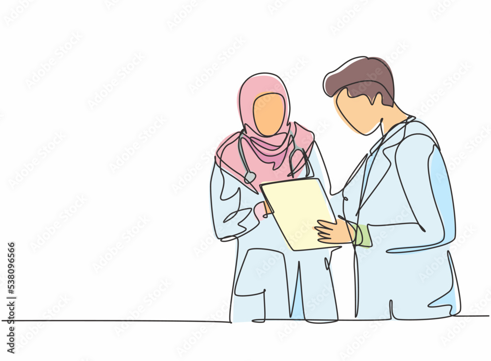 One single line drawing of young male doctor discussing with female Arabic doctor while standing at the hospital hallway. Medical health care concept continuous line draw design vector illustration One single line drawing of young male doctor discussing with female Arabic doctor while standing at the hospital hallway. Medical health care concept continuous line draw design vector illustration