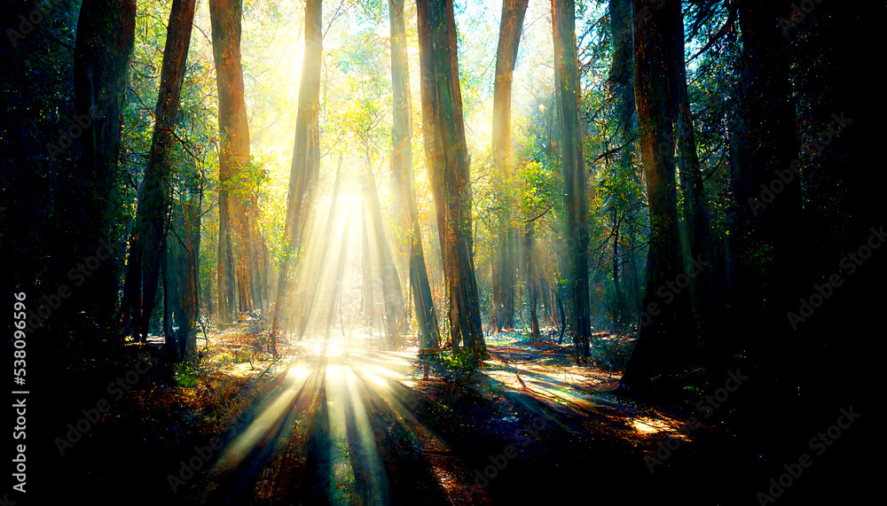 Obraz premium Fantastic deep forest landscape background, dense trees and grass