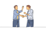 One single line drawing of two young happy businessmen colleagues shaking their hands to deal teamwork. Business agreement celebration concept continuous line graphic draw design vector illustration
