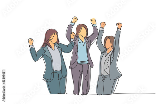 One continuous line drawing of young happy businesswomen prancing with joy at the meeting room together. Business teamwork celebration concept single line draw graphic design vector illustration