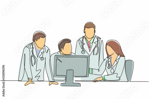 One continuous line drawing group of young doctor discuss proper treatment while watching patient medical report on computer. Hospital health care concept single line draw design vector illustration