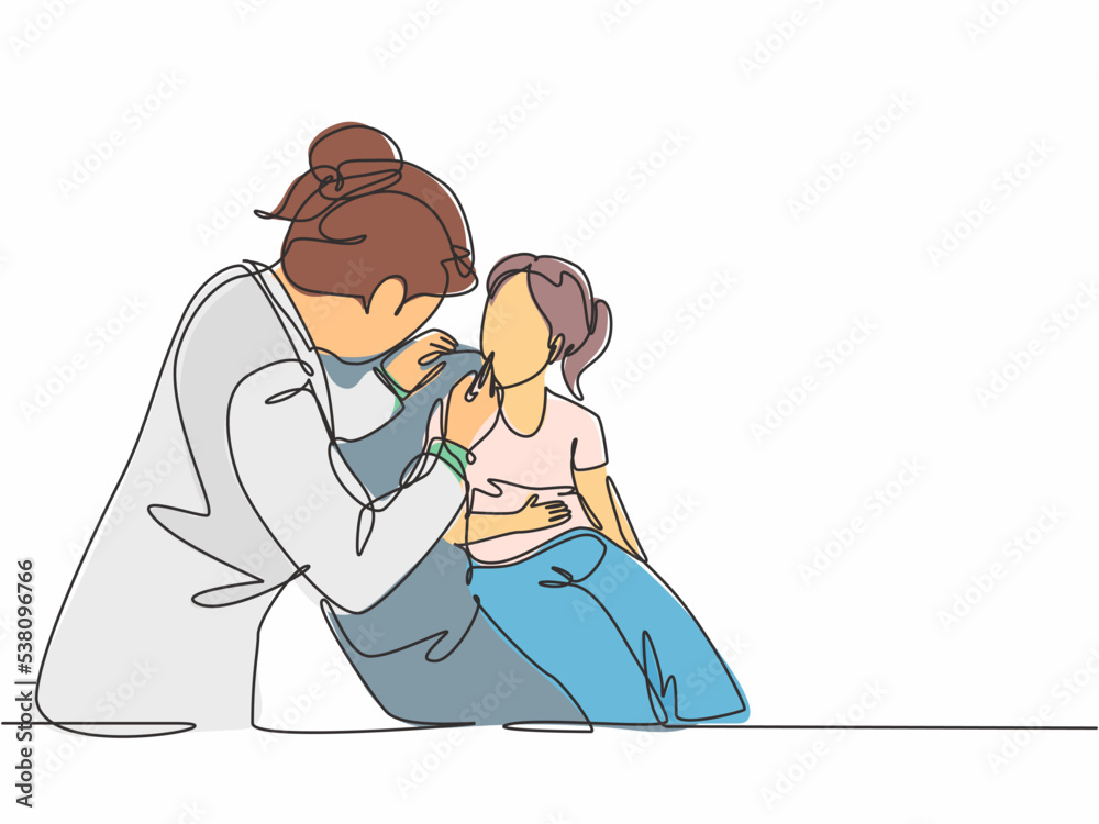 Single continuous line drawing of young female dentist examining young girl teeth condition at dental clinic. Medical health care service workers concept one line draw design vector illustration Single continuous line drawing of young female dentist examining young girl teeth condition at dental clinic. Medical health care service workers concept one line draw design vector illustration