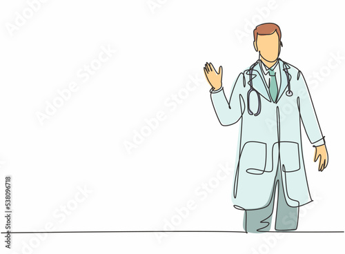 Single continuous line drawing of young happy male doctor giving warm welcome greeting gesture to the patients. Medical health care service workers concept one line draw design vector illustration