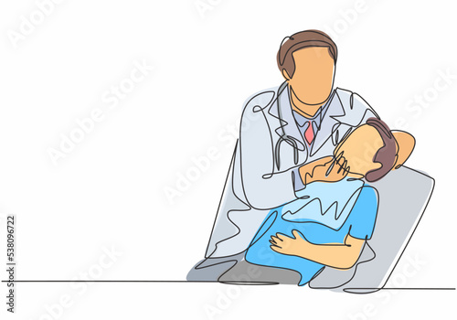 One single line drawing of young male dentist examine and pull a young boy tooth out at dental clinic. Teeth treatment health care service concept continuous line draw design vector illustration