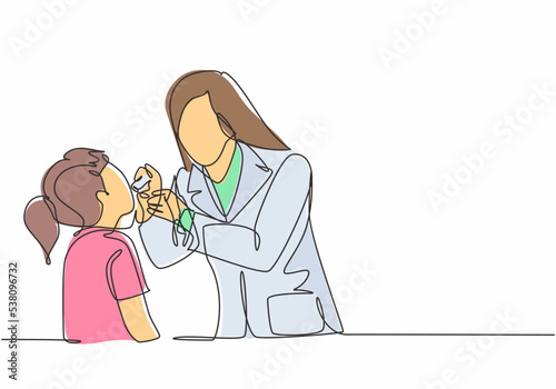 One single line drawing of young happy female dentist examining and do filling tooth to the young beautiful girl patient. Teeth treatment care concept continuous line draw design vector illustration