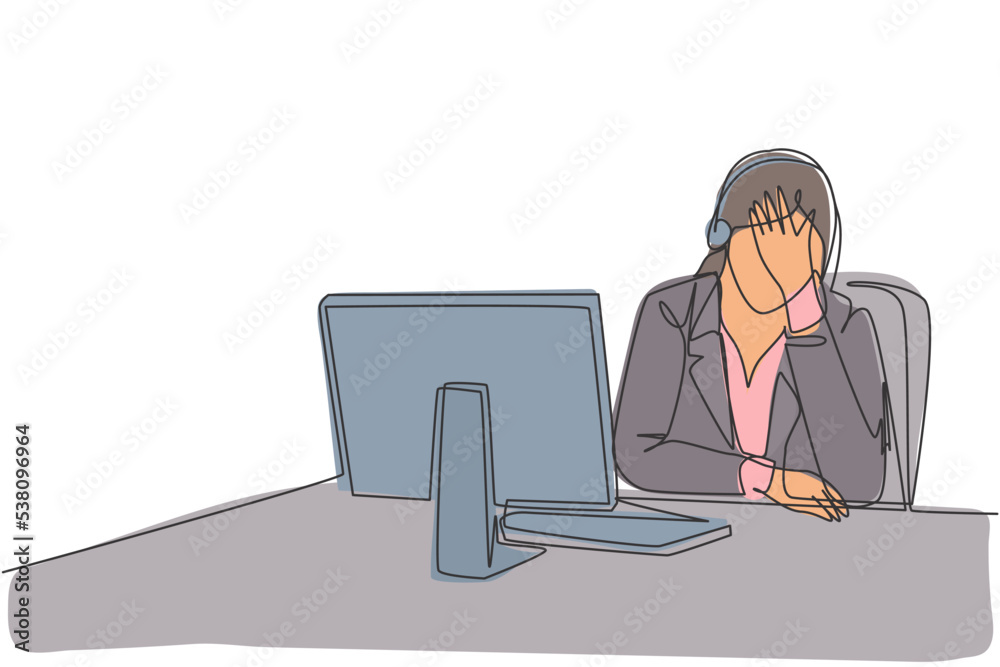 Single continuous line drawing of young bored and tired female call center worker answering complain from a lot of customers. Helpdesk center care concept one line draw design vector illustration