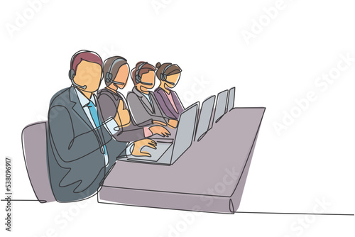 One continuous line drawing group of male and female telemarketing team calling prospective client to offer product. Sales marketing care worker concept single line draw design vector illustration