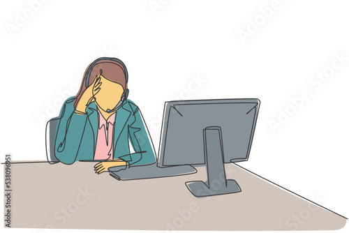 Single continuous line drawing of young confused female customer service worker answering phone call from customers all the day. Helpdesk center care concept one line draw design vector illustration