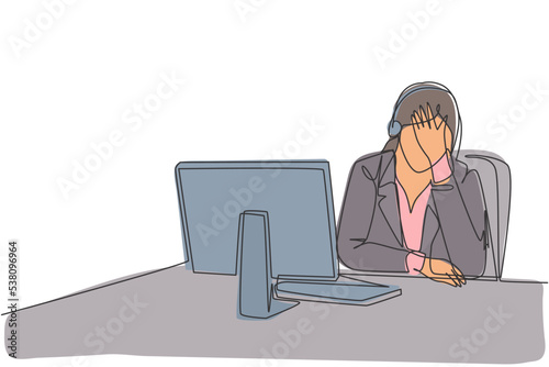 Single continuous line drawing of young bored and tired female call center worker answering complain from a lot of customers. Helpdesk center care concept one line draw design vector illustration