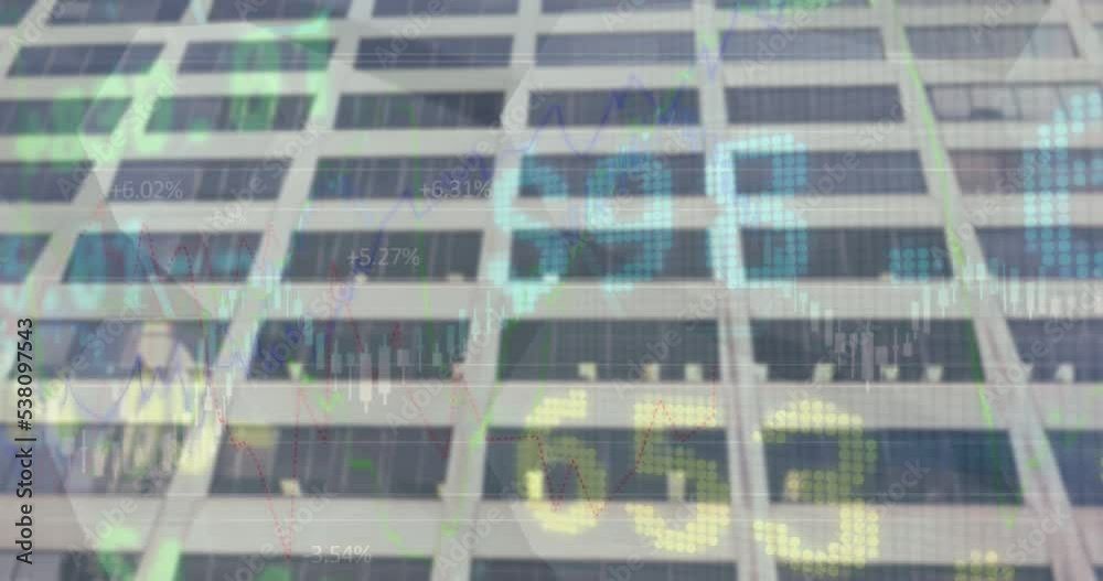 Animation of financial data processing over cityscape Animation of financial data processing over cityscape